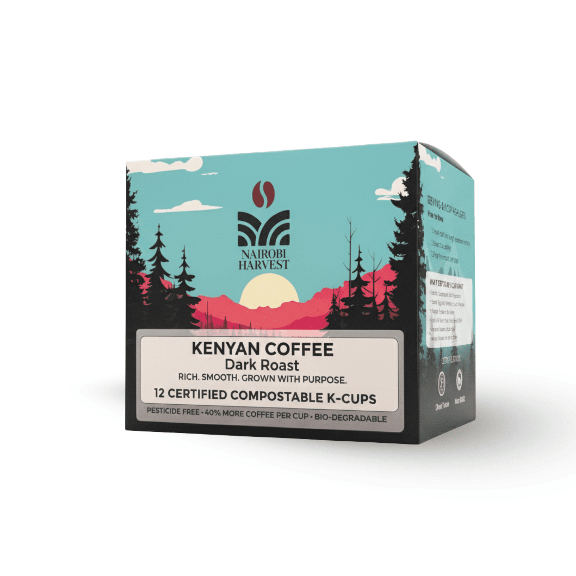 Nairobi Harvest Organic Kenyan Coffee K-Cups Dark Roast | 40% More Coffee | Individually Sealed | 100% Arabica | Compostable Pods | Keurig* Compatible Single-Serve Coffee Pods | 12 Count
