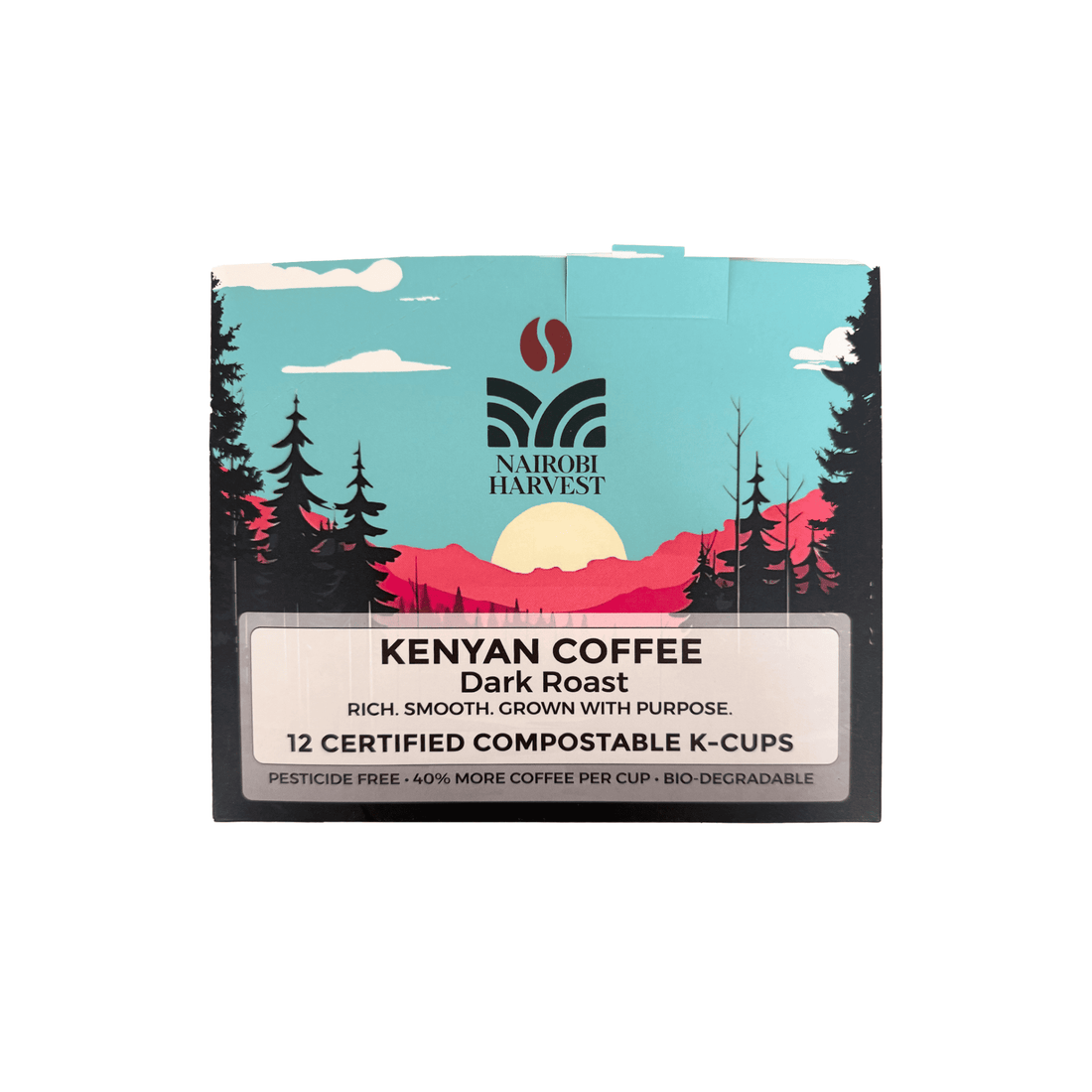 Nairobi Harvest Organic Kenyan Coffee K-Cups Dark Roast | 40% More Coffee | Individually Sealed | 100% Arabica | Compostable Pods | Keurig* Compatible Single-Serve Coffee Pods | 12 Count