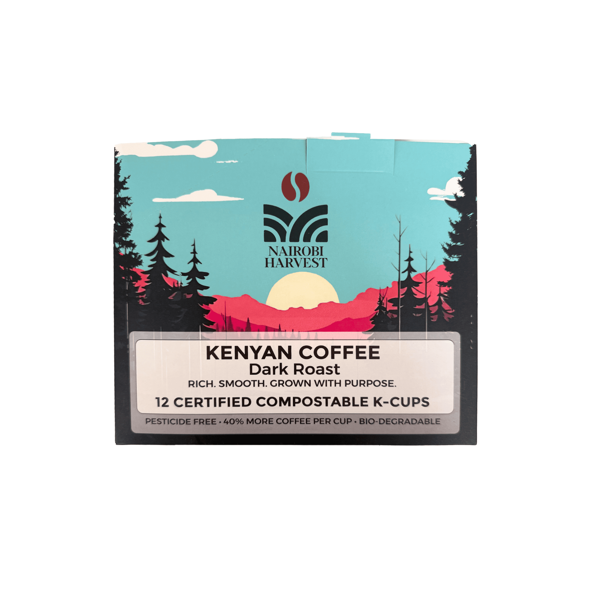 Nairobi Harvest Organic Kenyan Coffee K-Cups Dark Roast | 40% More Coffee | Individually Sealed | 100% Arabica | Compostable Pods | Keurig* Compatible Single-Serve Coffee Pods | 12 Count
