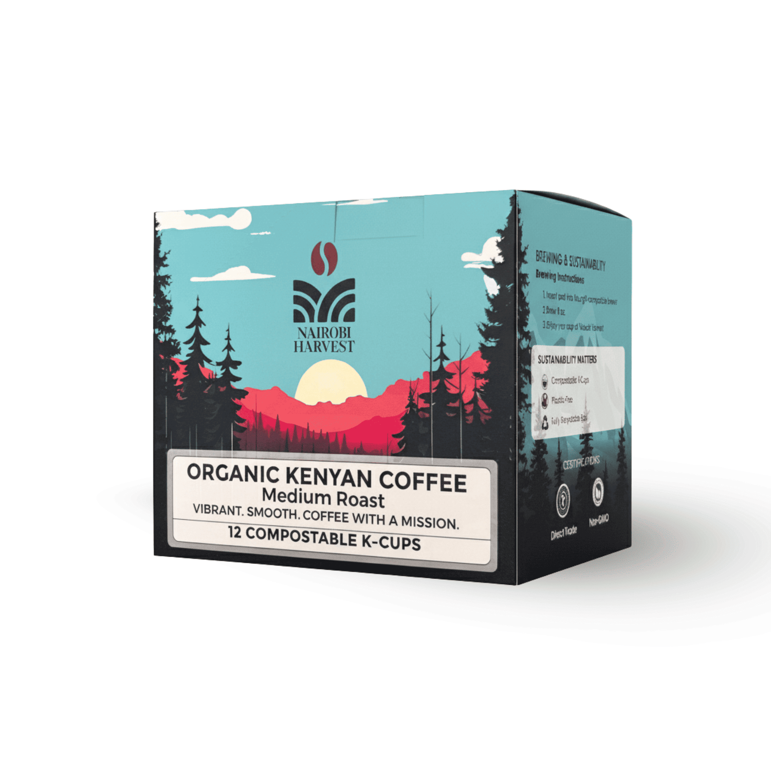 Nairobi Harvest Organic Kenyan Coffee K-Cups Medium Roast | 40% More Coffee | Individually Sealed | 100% Arabica | Compostable Pods | Keurig* Compatible Single-Serve Coffee Pods | 12 Count